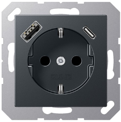 Розетка с заземлением +2хUSB тип A+C без рамки Jung EcoProfi 1-м. антрацит картинка